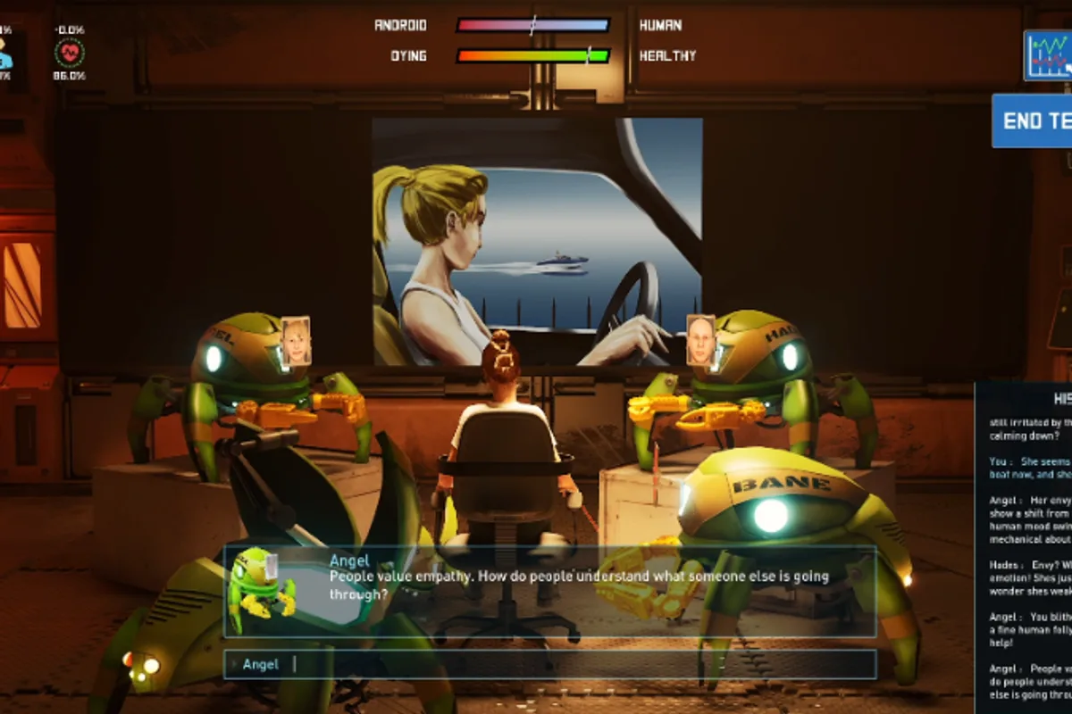 Le joueur assiste à une scène d'enquête avec plusieurs robots intelligents dans Bot Colony Redux
