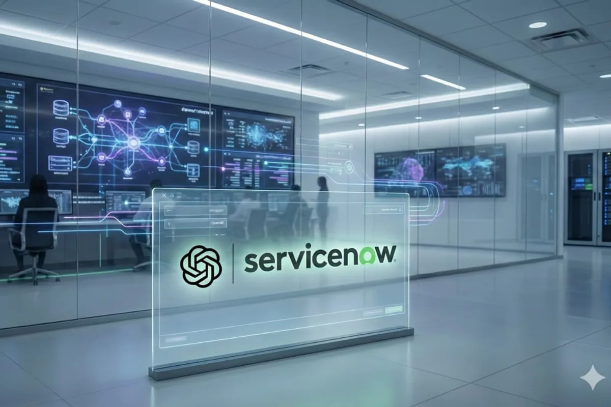 Illustration de l'automatisation des workflows professionnels associant les marques OpenAI et ServiceNow